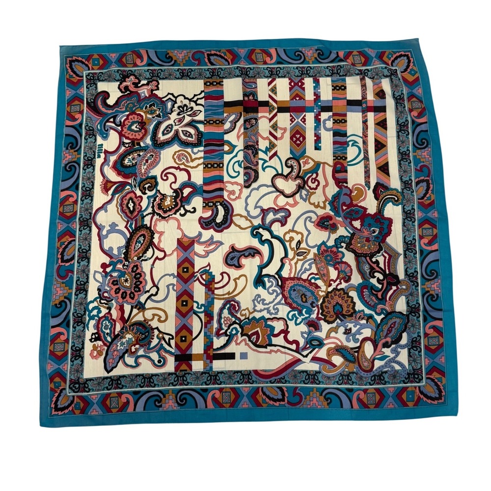 Tilla Paisley Geometric Scarf Women Teal Multi Large Square 34x34 Boho Luxury